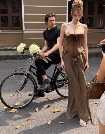 Unique Sheath Strapless Butterfly Brown Satin Chiffon Long Party Dress Evening Dress HZ1023